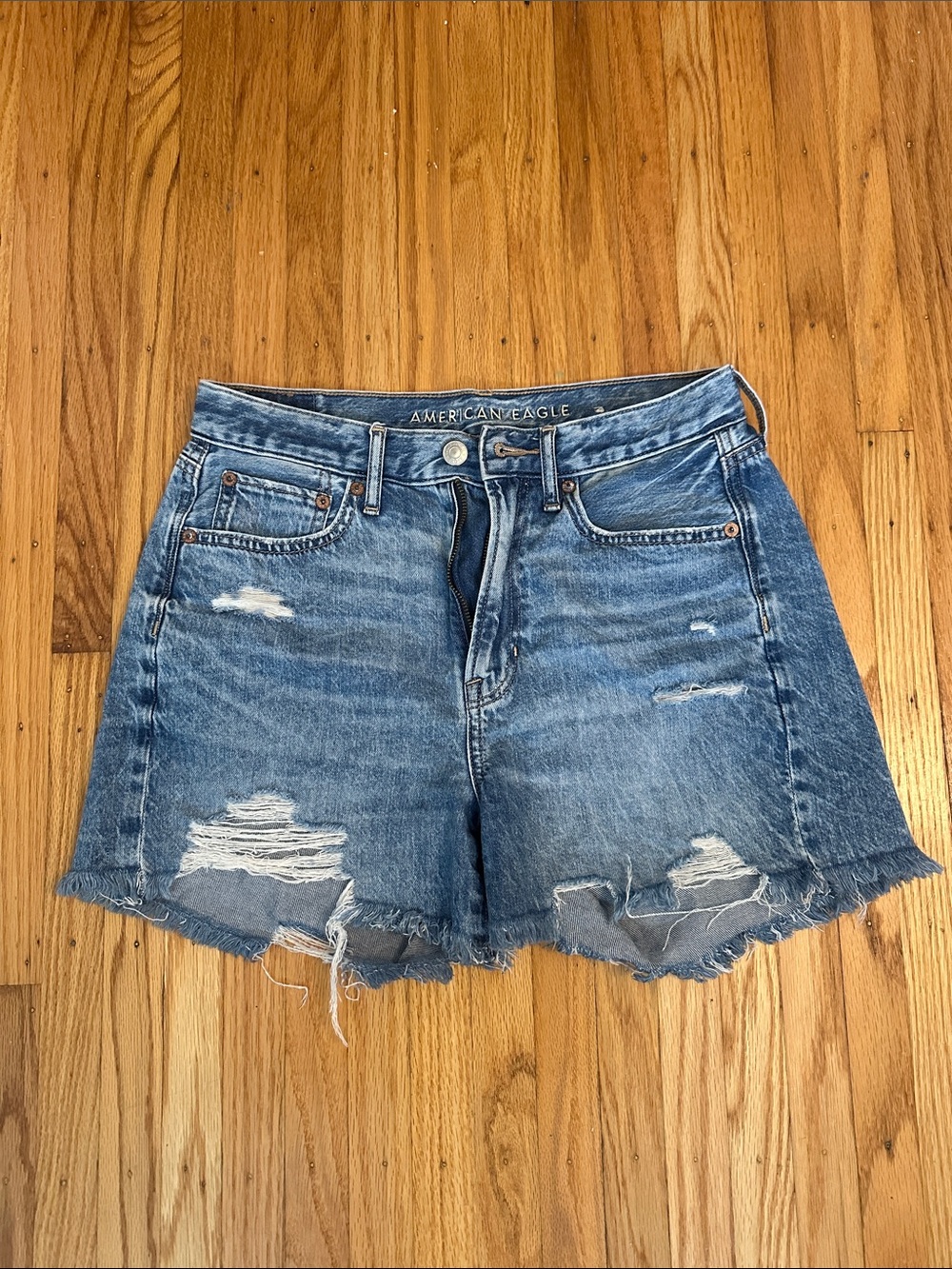 American Eagle Outfitters Light Blue High-Rise Distressed Denim Shorts